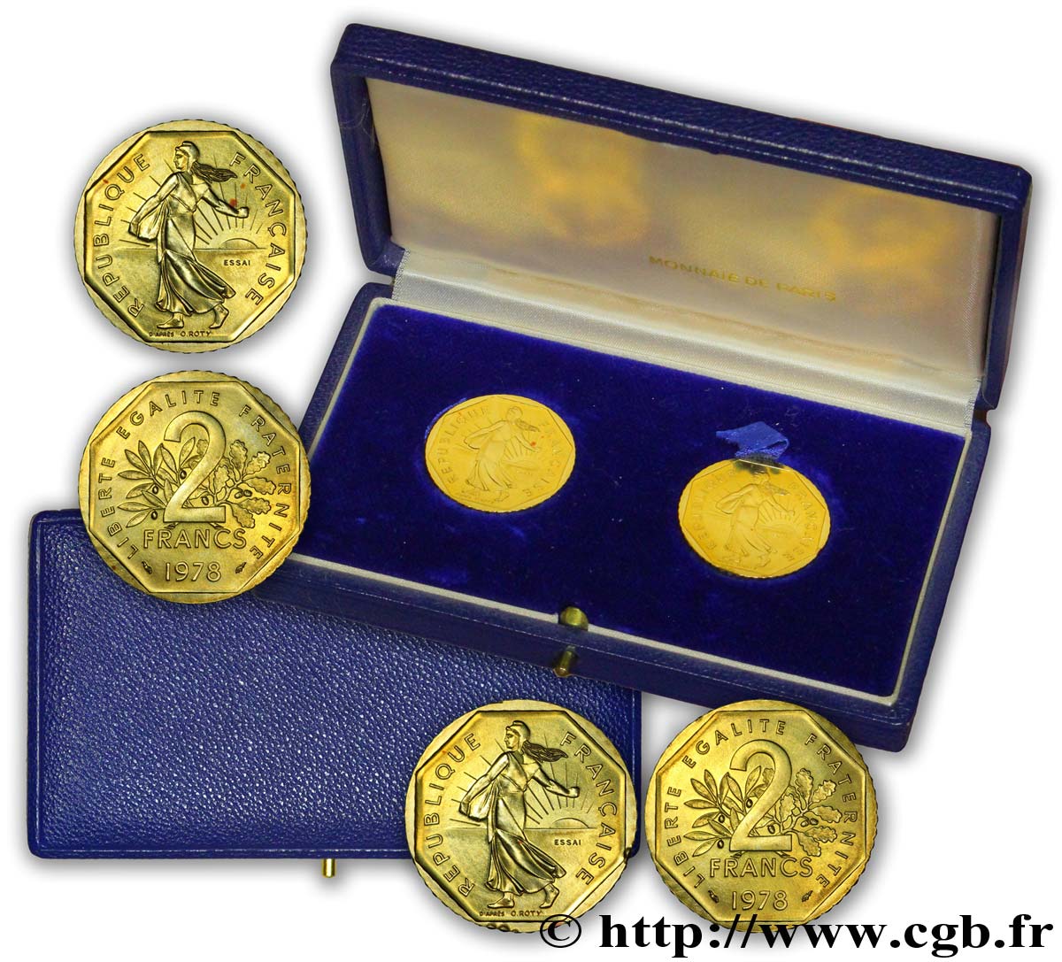 Boîte de deux essais en or de 2 francs Semeuse, nickel 1978 Pessac F.272/2 var. MS 