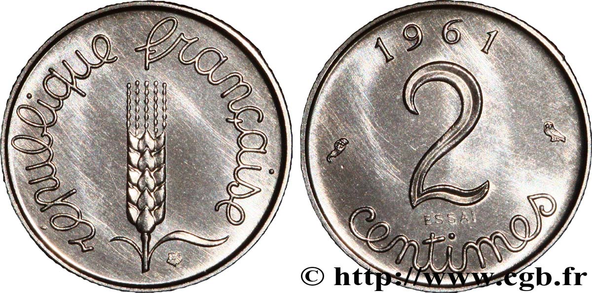Essai de 2 centimes acier, type Épi 1961 Paris F.111/2 SC 