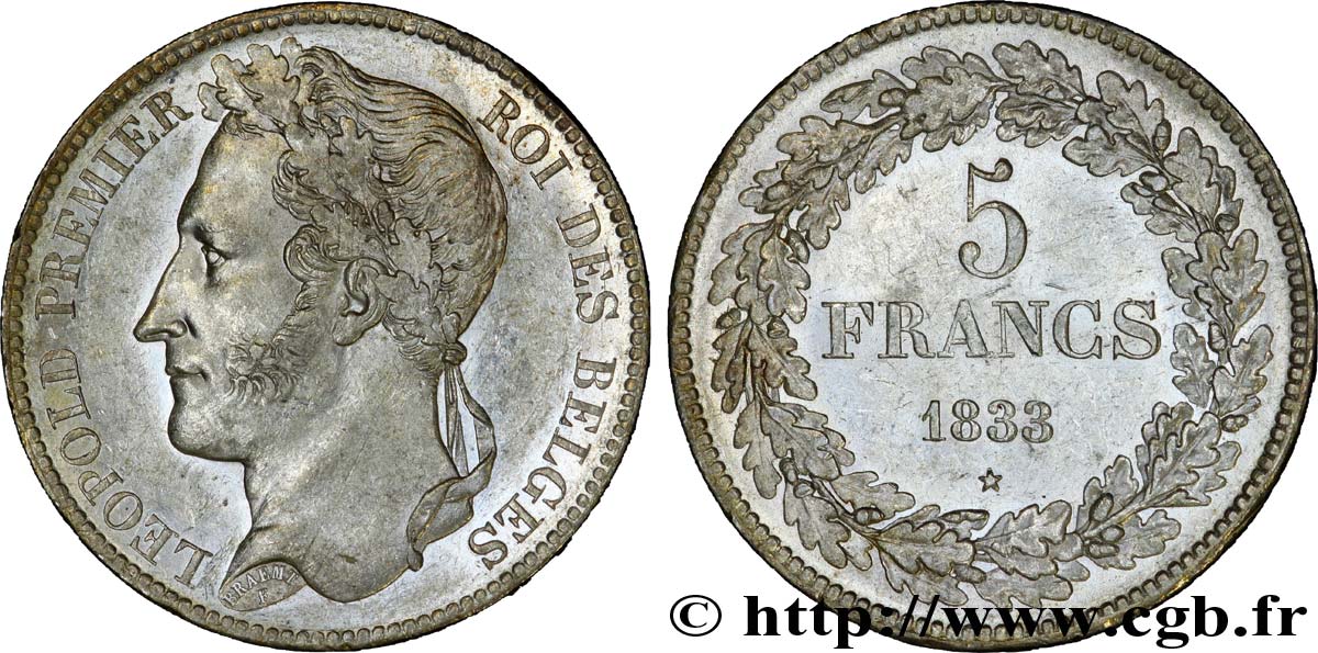 BELGIUM - KINGDOM OF BELGIUM - LEOPOLD I 5 francs Léopold Ier, tête laurée, tranche en creux 1833 Bruxelles XF 
