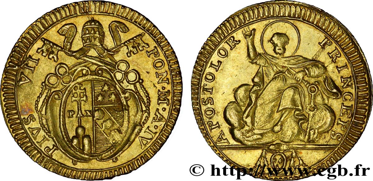 ITALY - PAPAL STATES - PIUS VII (Barnaba Chiaramonti) Doppia en or 1803-1804 Rome XF 