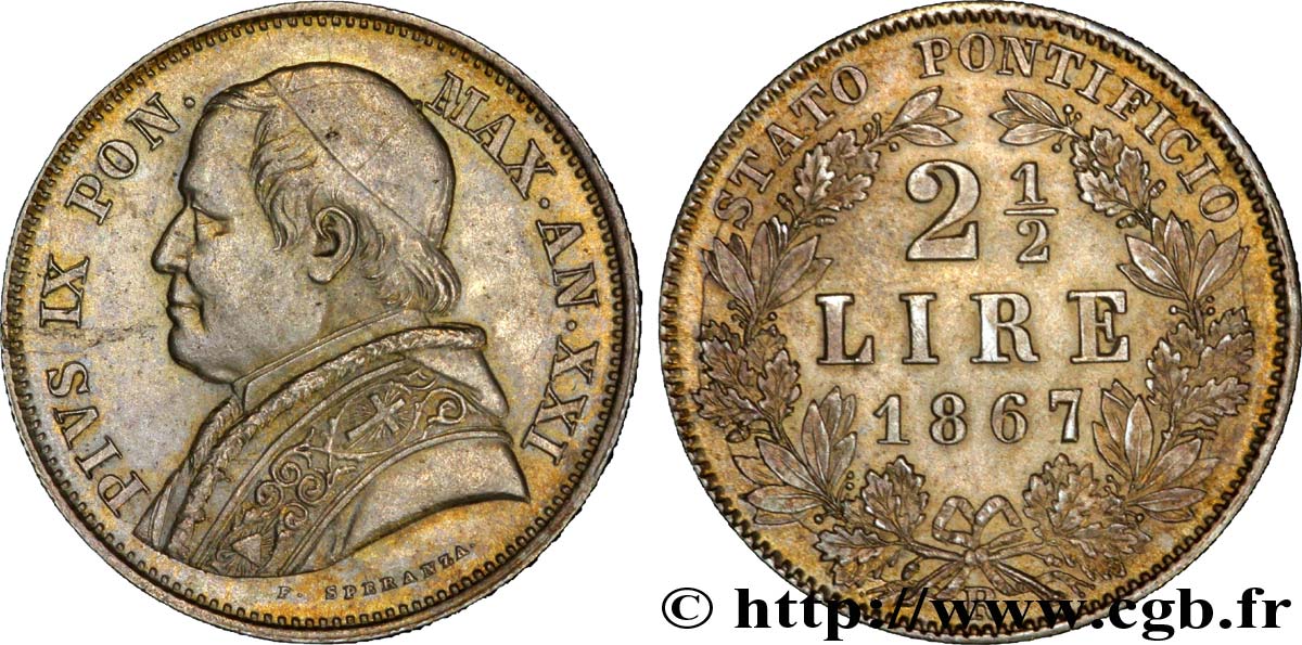 ITALIEN - KIRCHENSTAAT - PIE IX. Giovanni Maria Mastai Ferretti) 2 1/2 lire 1867 Rome SS 