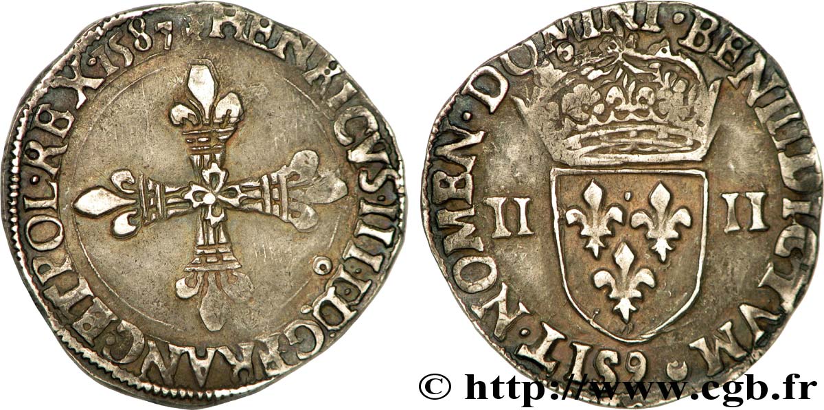 HENRY III Quart d écu, croix de face 1587 Rennes XF/AU
