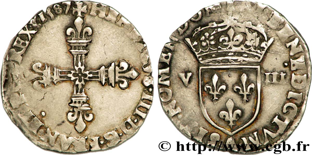 HENRI III Huitième d écu, croix de face 1587 Paris TTB
