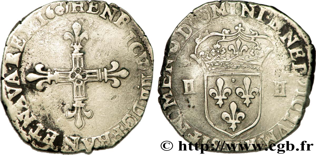 HENRI IV LE GRAND Quart d écu, croix bâtonnée et fleurdelisée de face 1607 La Rochelle TB/TB+