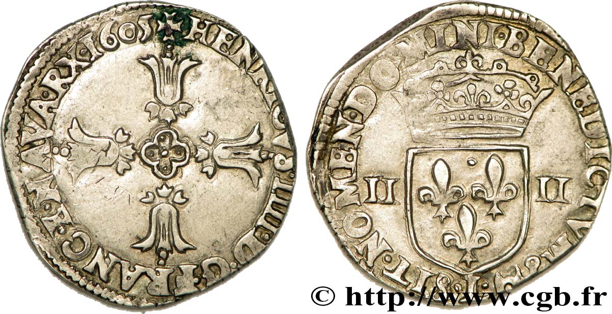 HENRI IV LE GRAND Quart d écu, croix feuillue de face 1605 Bayonne TTB/TTB+