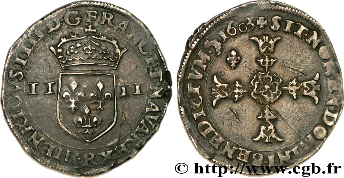 HENRI IV LE GRAND Quart d’écu, écu de face, 4e type 1603 Saint-André de Villeneuve-lès-Avignon TTB/TB+
