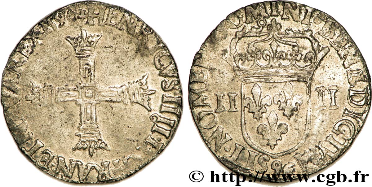 HENRY IV Quart d écu, croix batonnée et couronnée de face 1590 Rennes XF