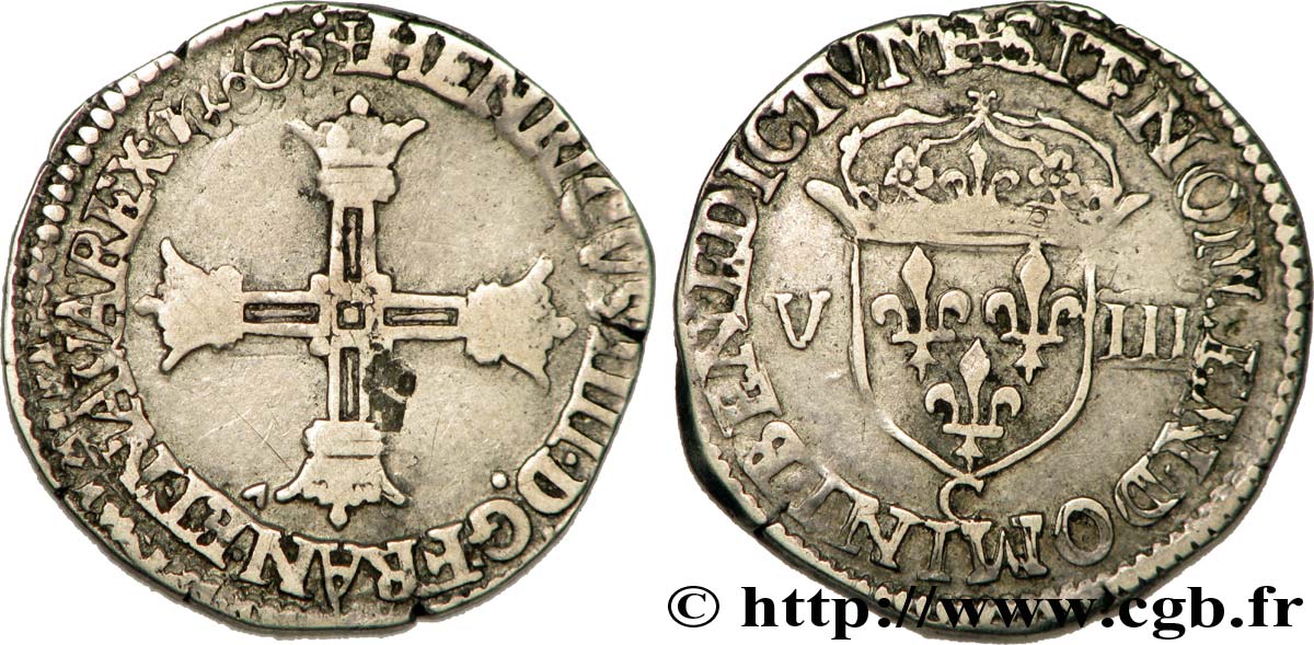 HENRI IV LE GRAND Huitième d écu, croix batonnée et couronnée de face 1605 Saint-Lô TB+/TTB