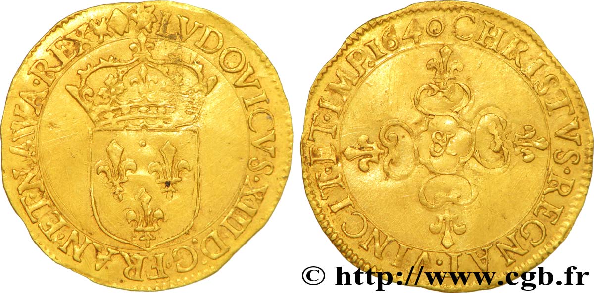 LOUIS XIII  Écu d or au soleil, à la croix anillée fleurdelisée 1640 Aix-en-Provence AU