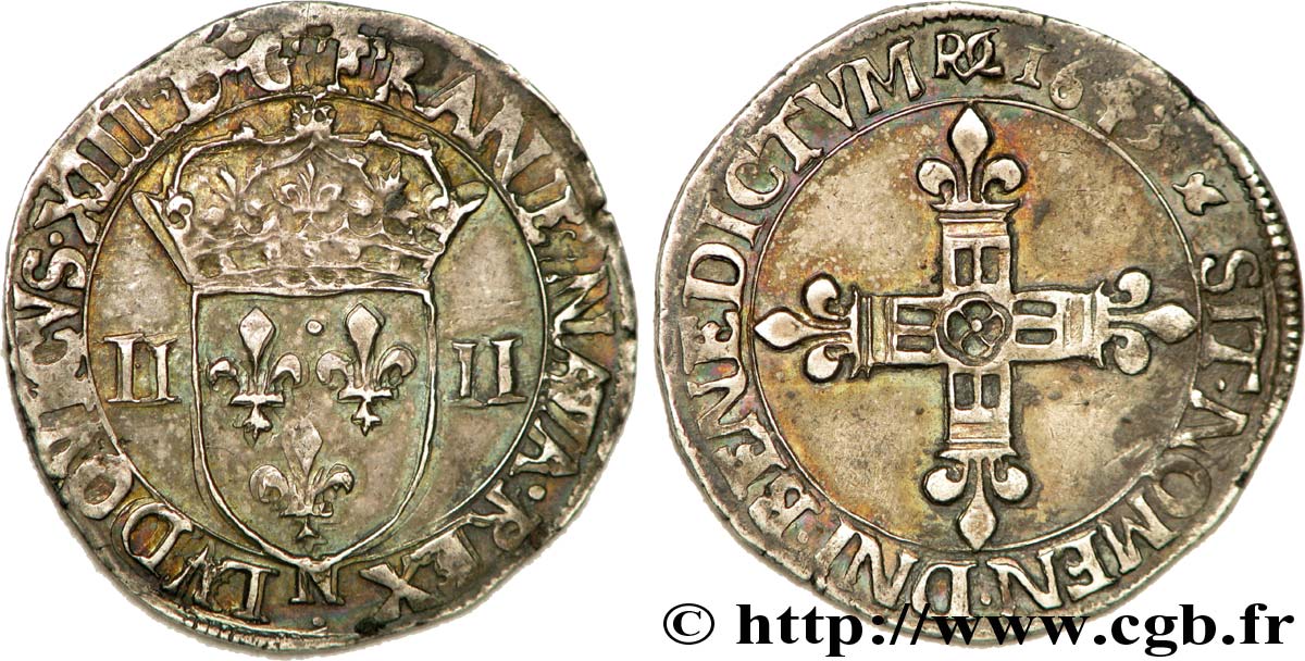 LOUIS XIII  Quart d écu, à la croix fleurdelisée, titulature côté écu 1643 Montpellier XF