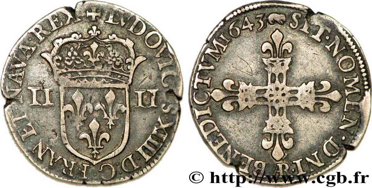 LOUIS XIII LE JUSTE Quart d&nbsp;écu, à la croix fleurdelisée, titulature côté écu 1643 Arras TTB/TB+