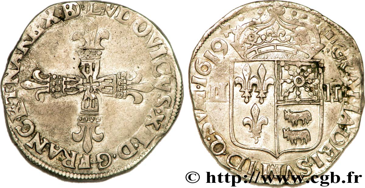 LOUIS XIII LE JUSTE Quart d écu de Béarn 1619 Morlaàs TTB