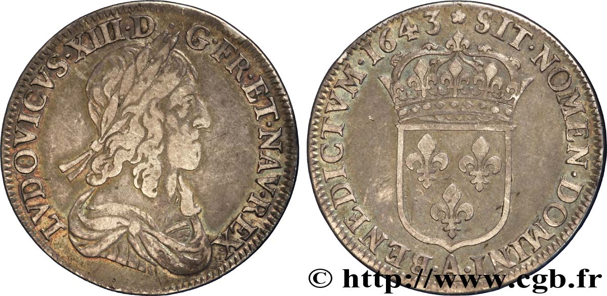LOUIS XIII  Demi-écu, buste drapé et cuirassé (2e buste de Jean Warin) 1643 Paris, Monnaie de Matignon BC+