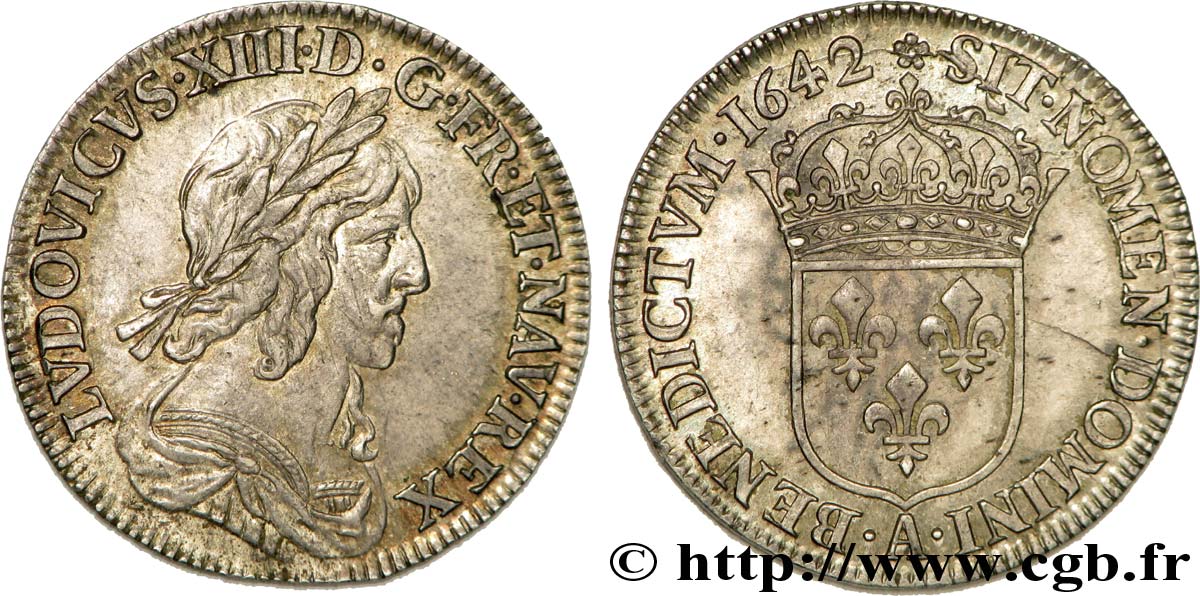 LOUIS XIII LE JUSTE Quart d écu d argent, 3e type, 2e poinçon de Warin 1642 Paris, Monnaie de Matignon SUP