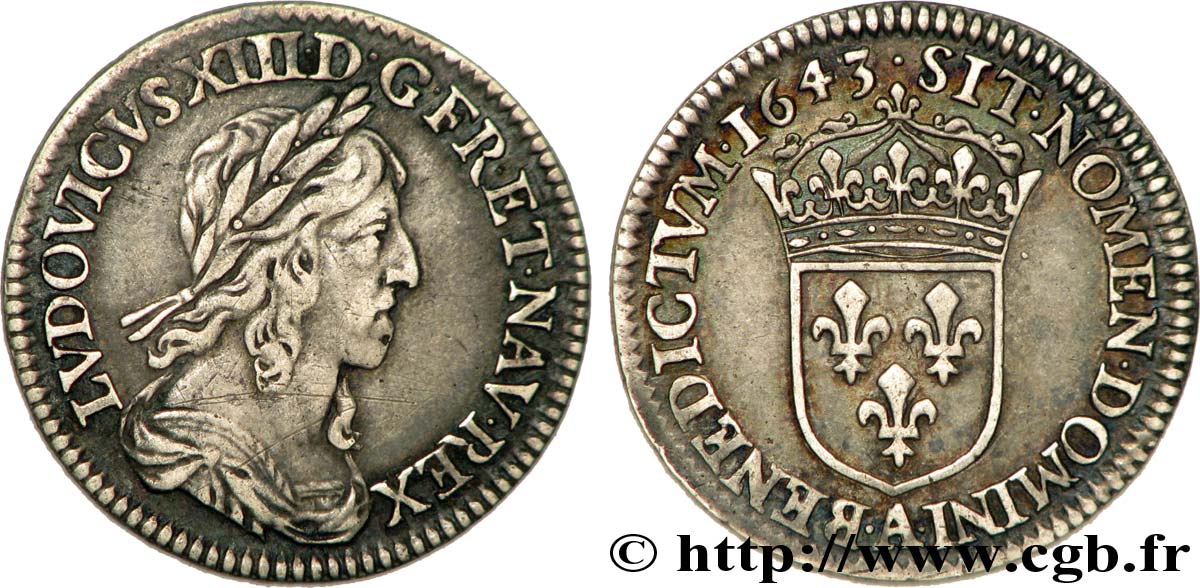 LOUIS XIII LE JUSTE Douzième d écu, 3e type, 2e poinçon de Warin 1643 Paris, Monnaie du Louvre TTB/TTB+