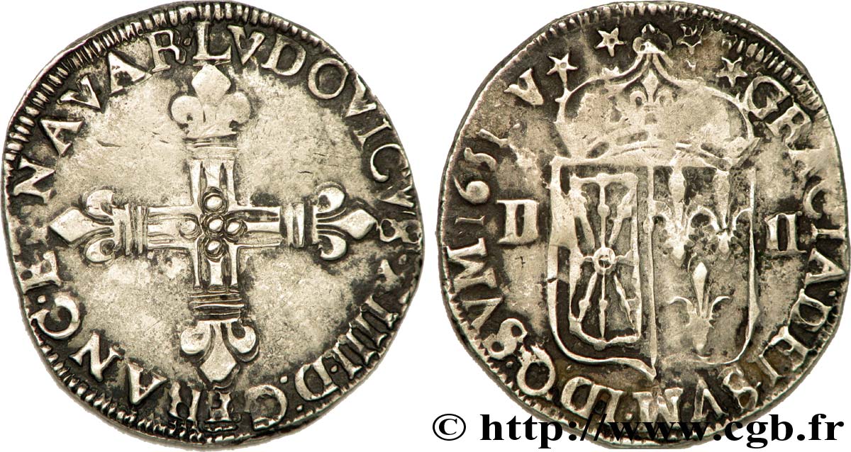 LOUIS XIV &nbsp;THE SUN KING&nbsp; Quart d&nbsp;écu de Navarre 1651 Saint-Palais BC+
