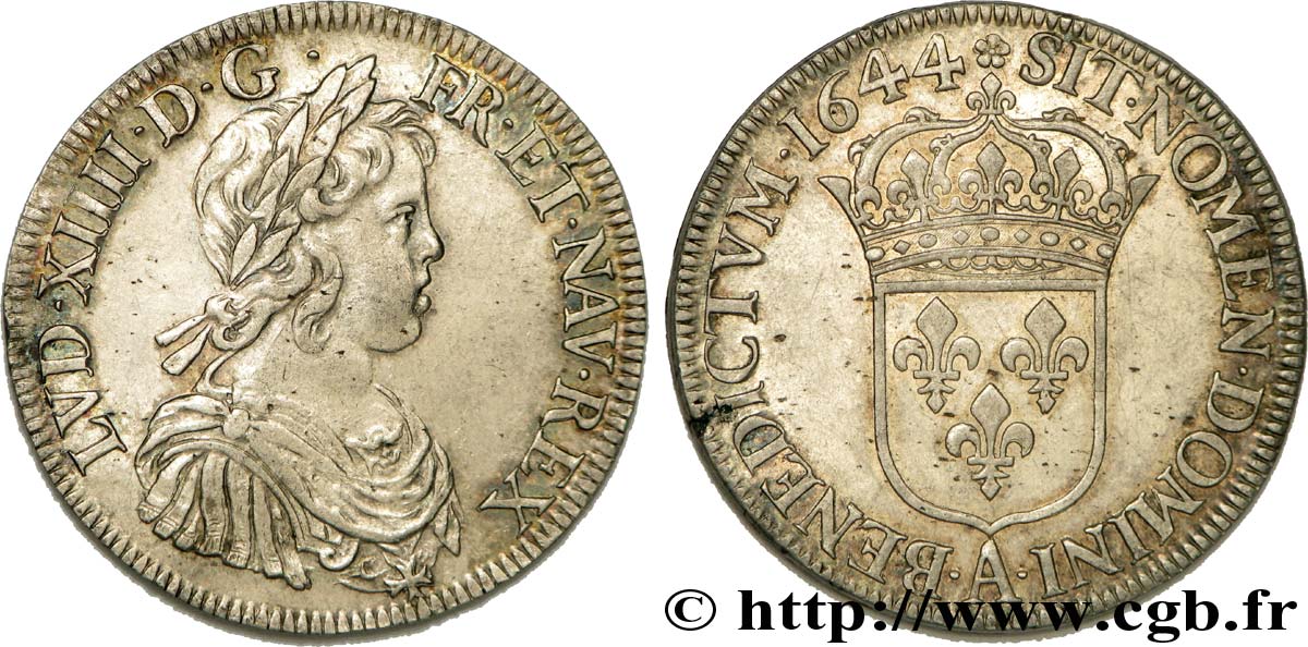 LOUIS XIV LE GRAND OU LE ROI SOLEIL Écu à la mèche courte 1644 Paris, Monnaie de Matignon SUP