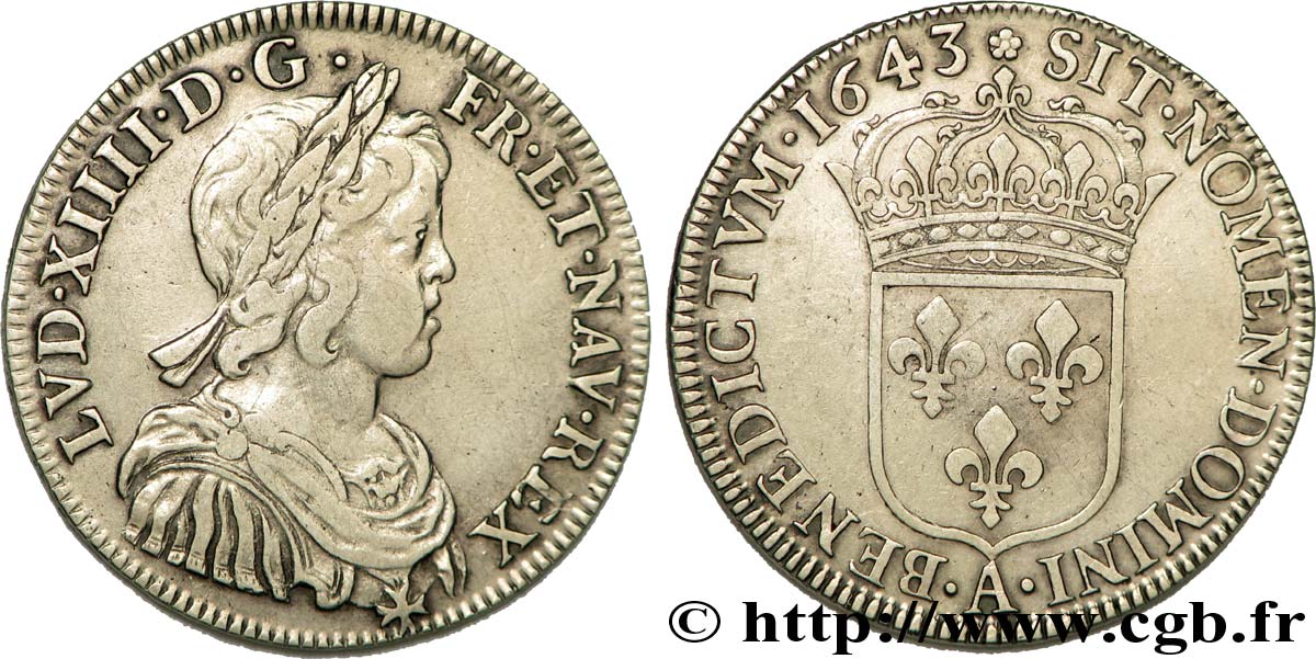 LOUIS XIV  THE SUN KING  Demi-écu à la mèche courte 1643 Paris, Monnaie de Matignon XF