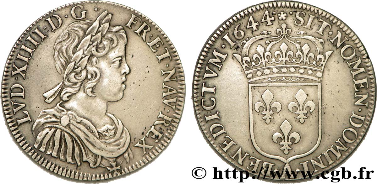 LOUIS XIV LE GRAND OU LE ROI SOLEIL Demi-écu à la mèche courte 1644 Paris, Monnaie de Matignon TTB+/TTB