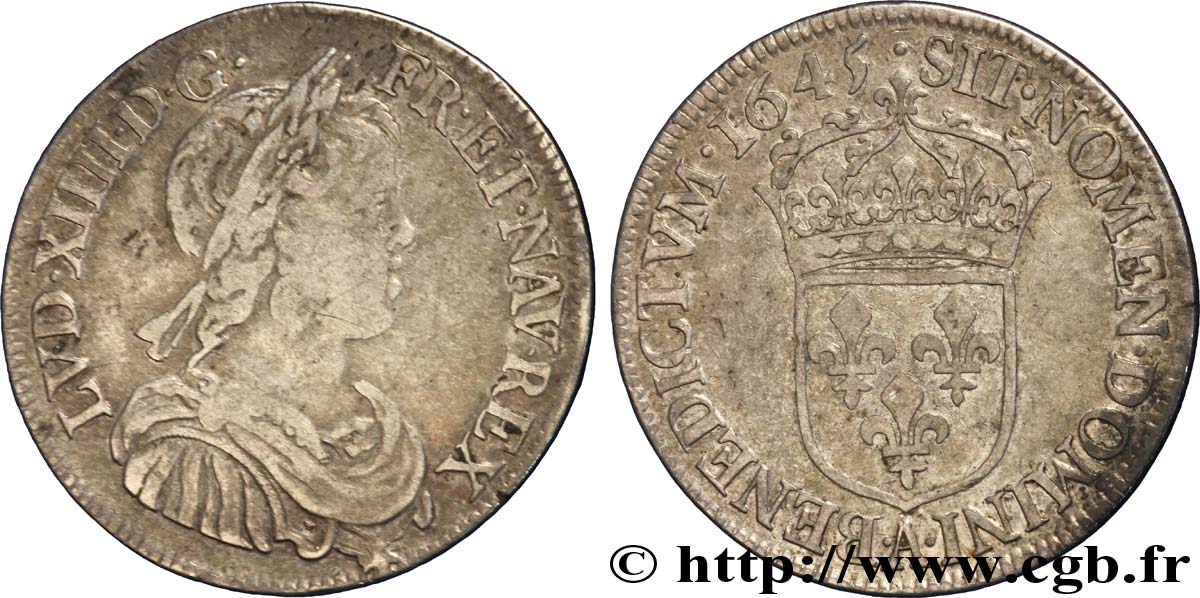 LOUIS XIV LE GRAND OU LE ROI SOLEIL Demi-écu à la mèche courte 1645 Paris, Monnaie du Louvre TB