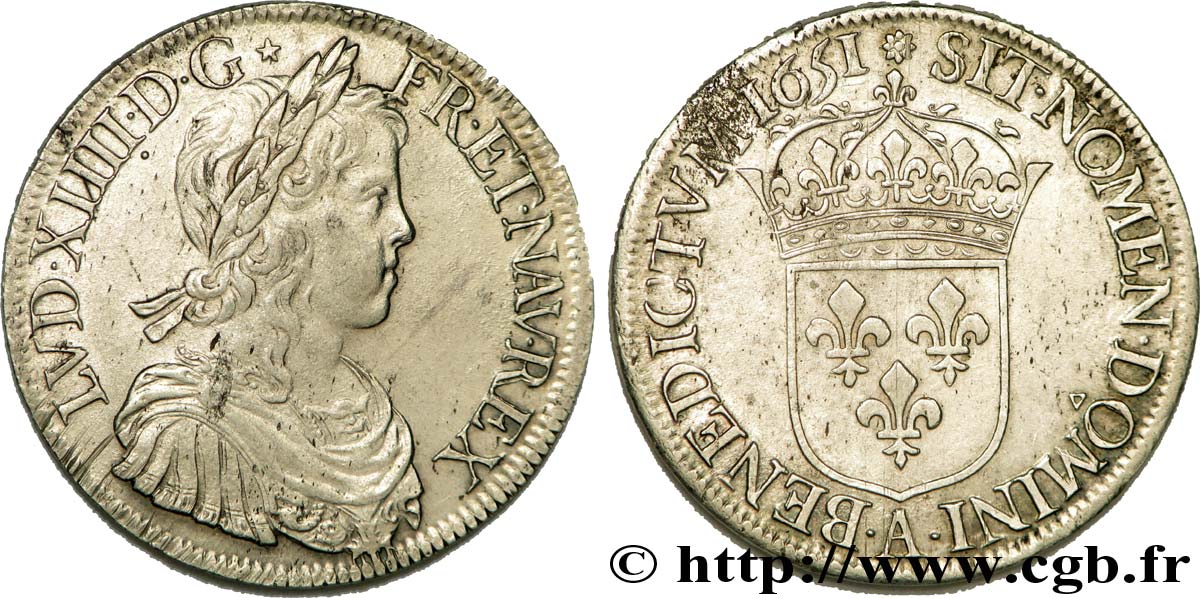 LOUIS XIV  THE SUN KING  Écu à la mèche longue 1651 Paris q.SPL