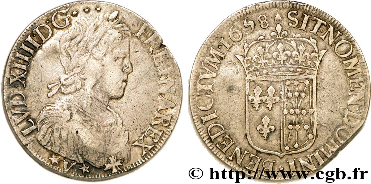 LOUIS XIV LE GRAND OU LE ROI SOLEIL Écu de Navarre à la mèche longue 1658 Saint-Palais TTB