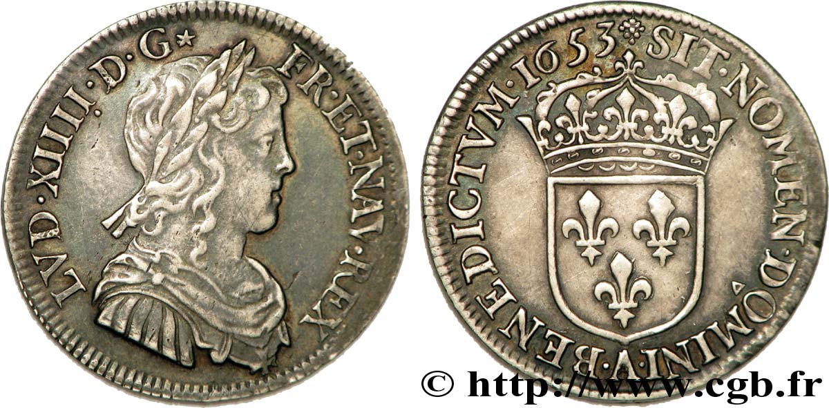 LOUIS XIV LE GRAND OU LE ROI SOLEIL Quart d écu à la mèche longue 1653 Paris TTB