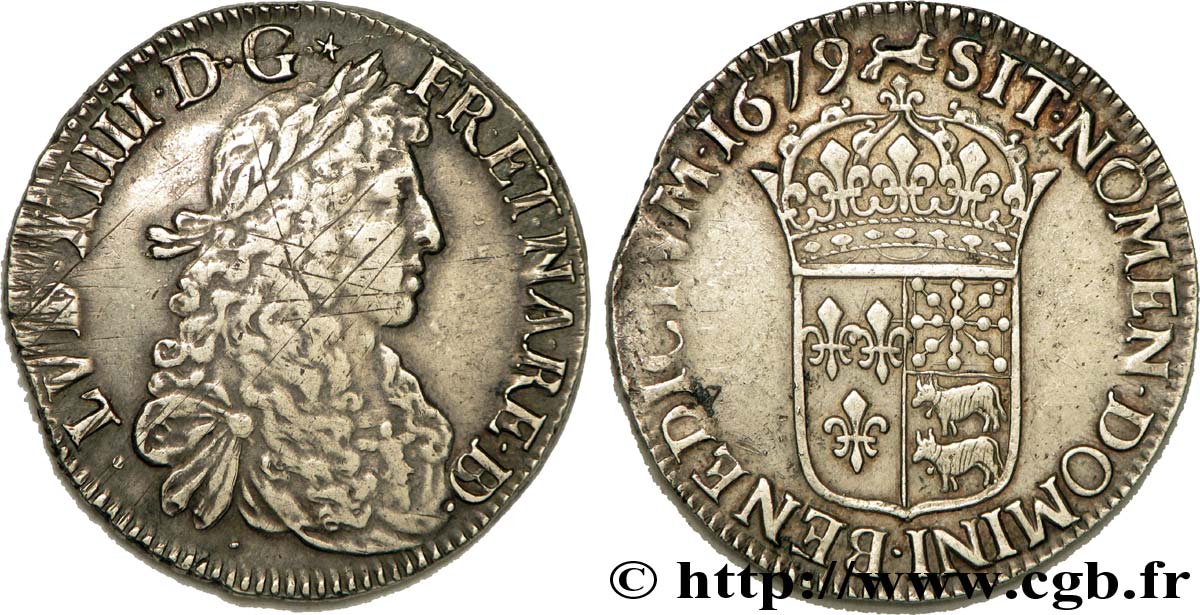 LOUIS XIV LE GRAND OU LE ROI SOLEIL Écu au buste juvénile du Béarn, 2e type 1679 Pau TTB/TTB+