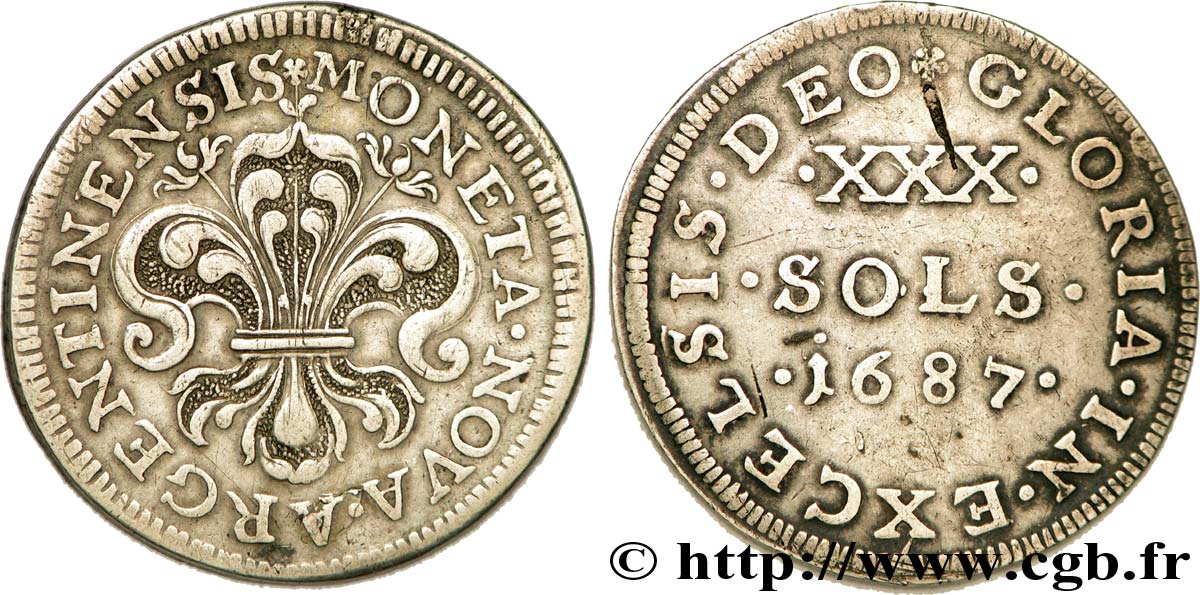 LOUIS XIV  THE SUN KING  XXX sols 1687 Strasbourg AU/XF