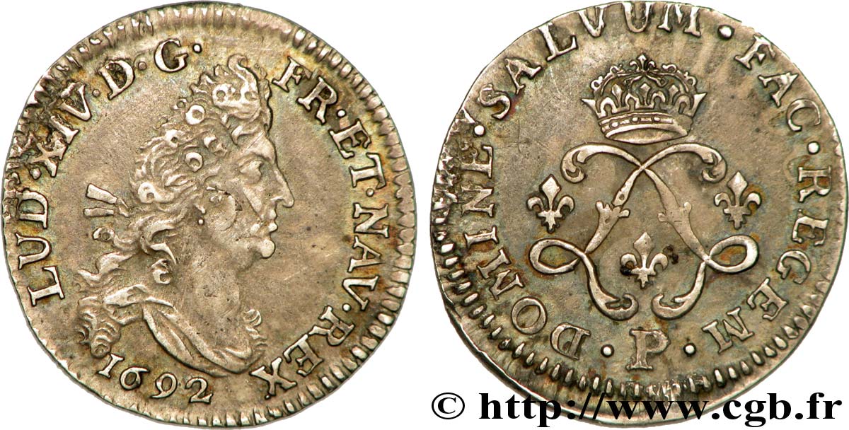 LOUIS XIV LE GRAND OU LE ROI SOLEIL Quatre sols aux deux L couronnées 1692 Dijon TTB+/SUP