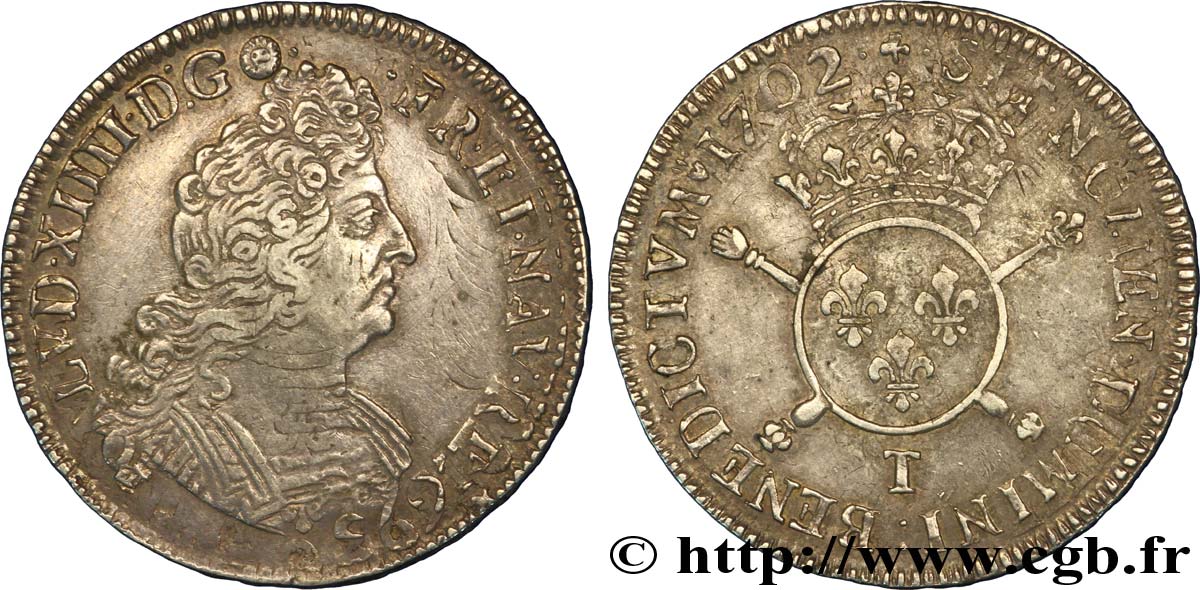 LOUIS XIV  THE SUN KING  Demi-écu aux insignes 1702 Nantes XF