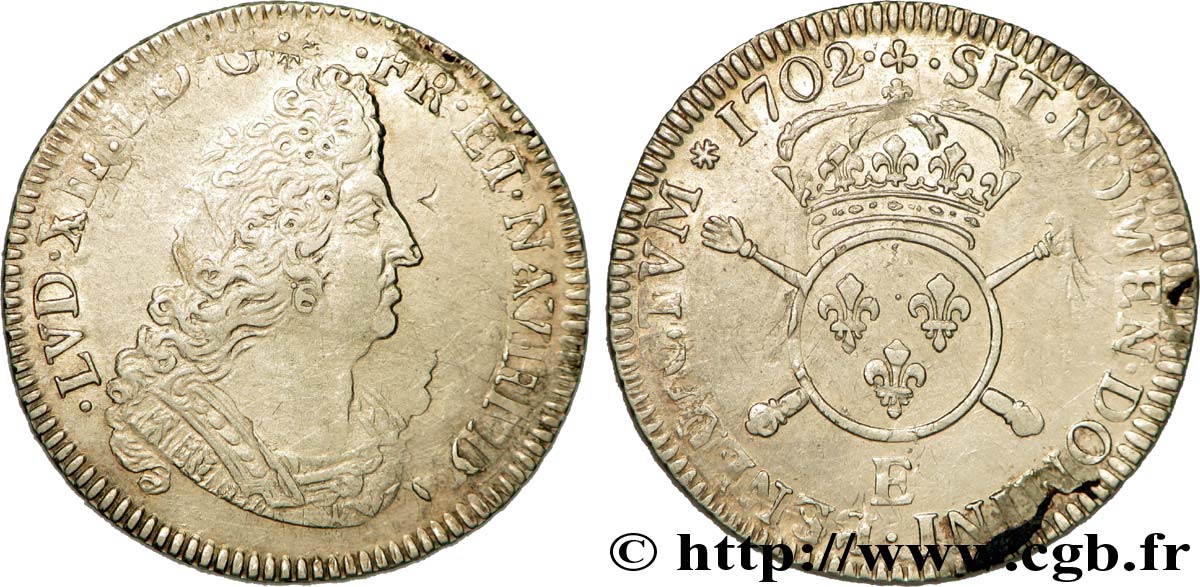 LOUIS XIV &nbsp;THE SUN KING&nbsp; Quart d&nbsp;écu aux insignes 1702 Tours XF