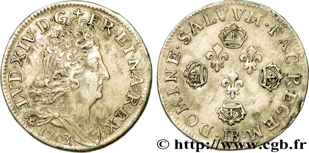 LOUIS XIV LE GRAND OU LE ROI SOLEIL Dix sols aux quatre couronnes 1703 Strasbourg TTB