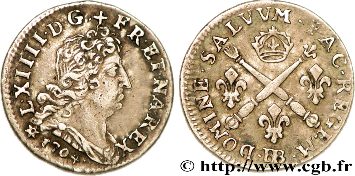 LOUIS XIV  THE SUN KING  Cinq sols aux insignes 1704 Strasbourg fVZ