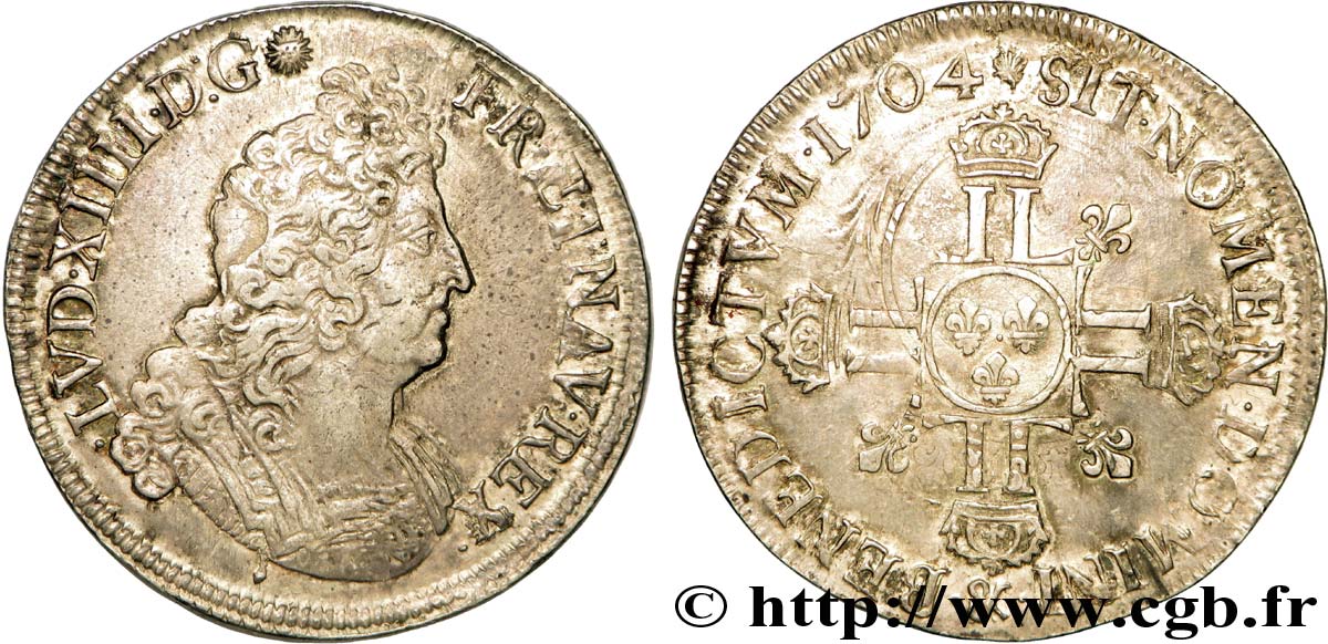 LOUIS XIV  THE SUN KING  Écu aux huit L, 2e type 1704 Aix-en-Provence q.BB