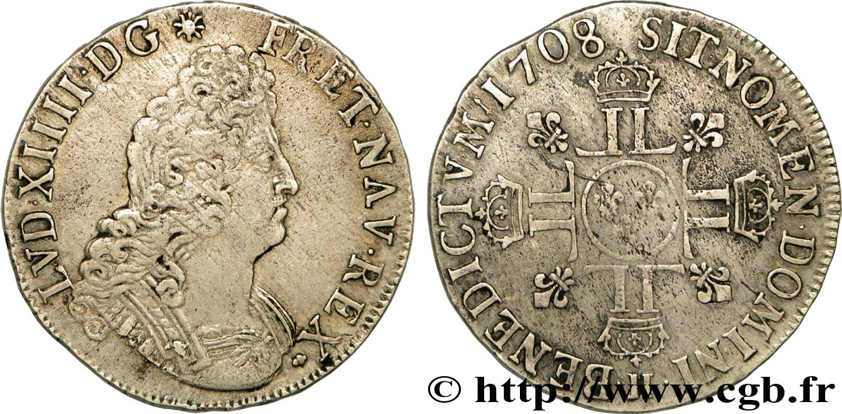 LOUIS XIV  THE SUN KING  Écu aux huit L, 2e type 1708 La Rochelle XF