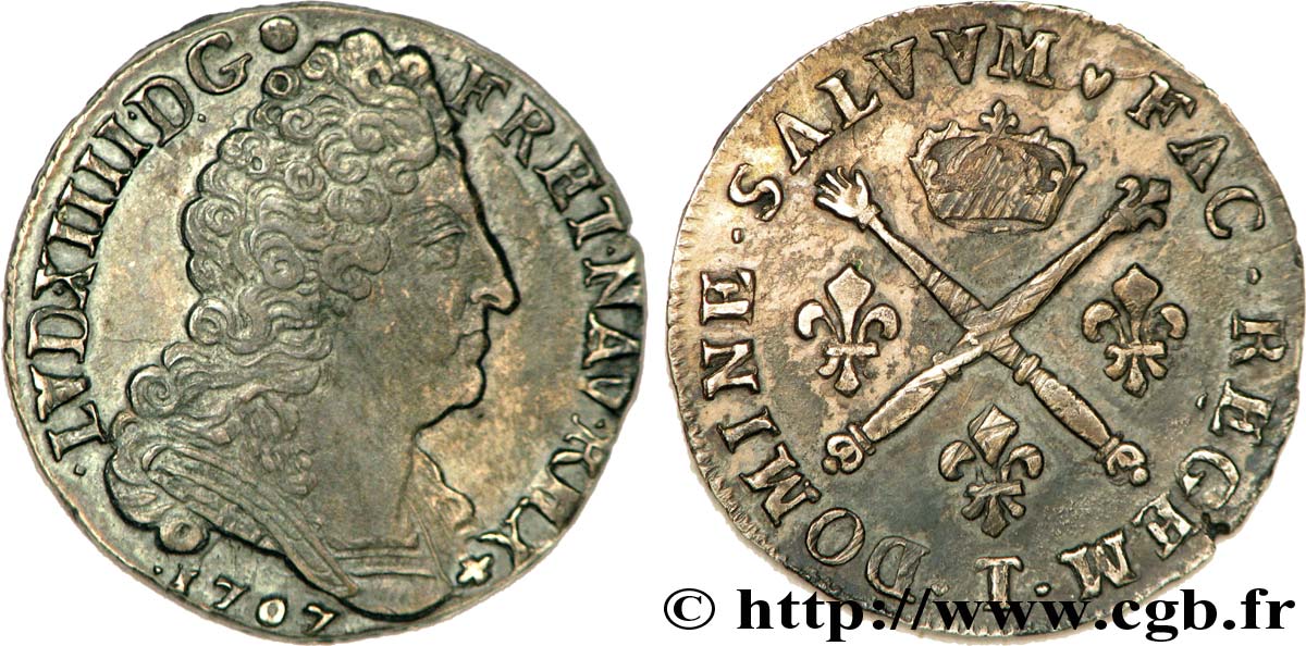 LOUIS XIV LE GRAND OU LE ROI SOLEIL Vingt sols aux insignes 1707 Nantes TTB+/TTB
