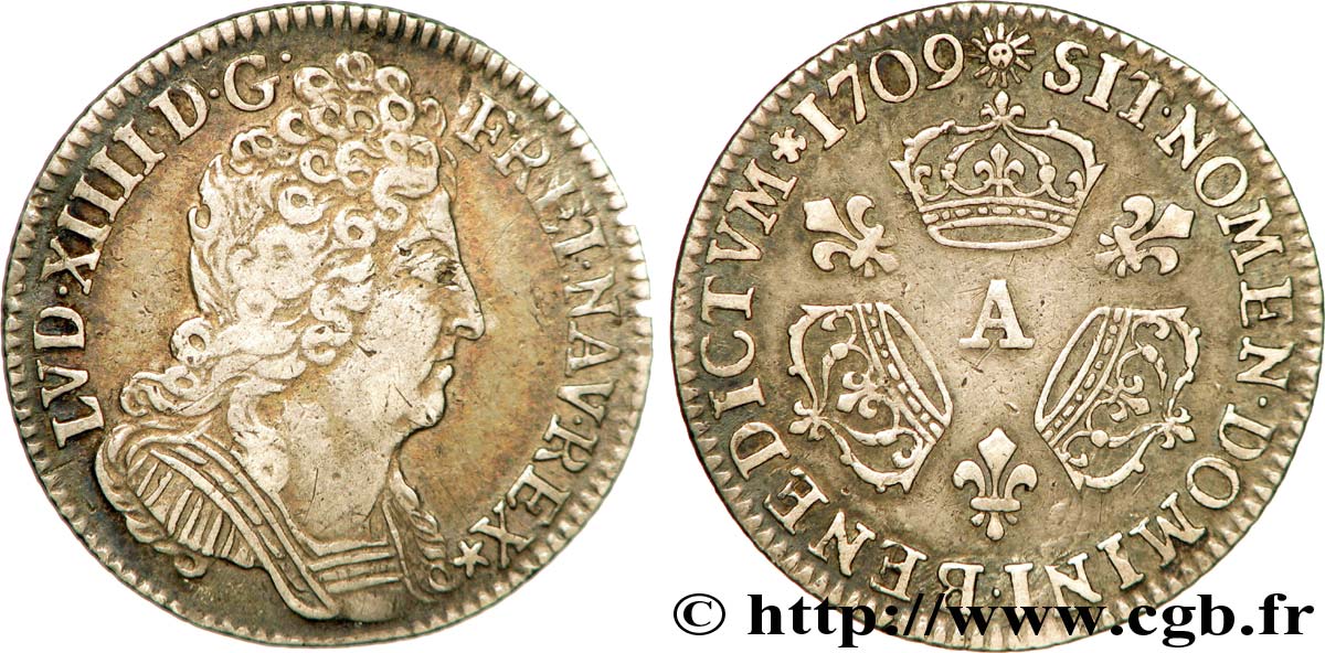 LOUIS XIV LE GRAND OU LE ROI SOLEIL Dixième d écu aux trois couronnes 1709 Paris TTB/TTB+