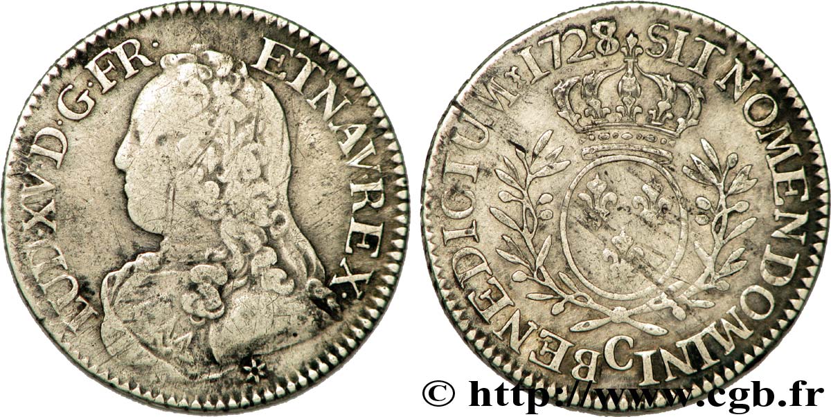 LOUIS XV DIT LE BIEN AIMÉ Cinquième d écu aux branches d olivier, buste habillé 1728 Caen TB+
