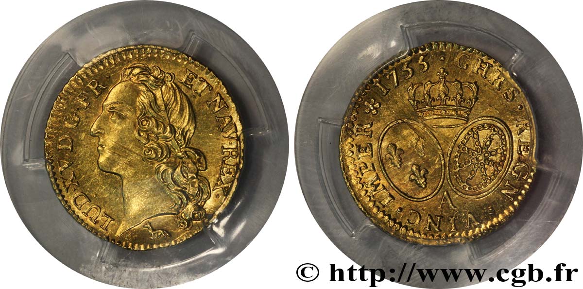LOUIS XV  THE WELL-BELOVED  Louis d’or aux écus ovales, tête ceinte d’un bandeau 1755 Paris fST