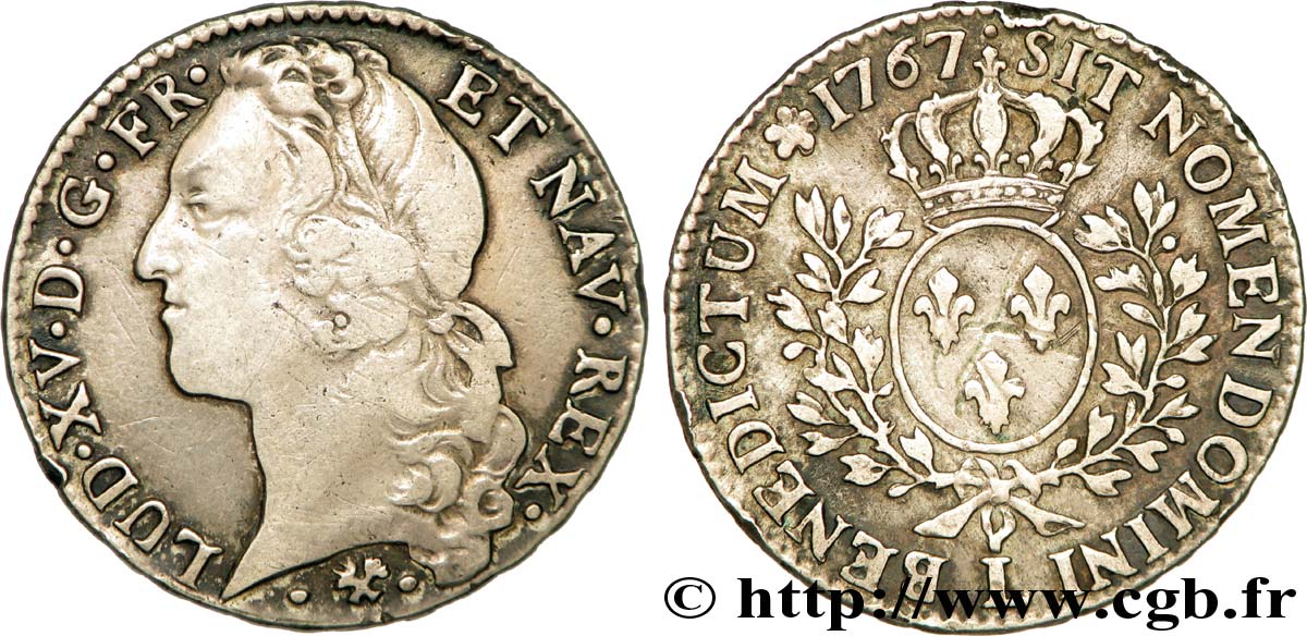 LOUIS XV  THE WELL-BELOVED  Demi-écu aux branches d’olivier, tête ceinte d’un bandeau 1767 Bayonne q.BB/BB