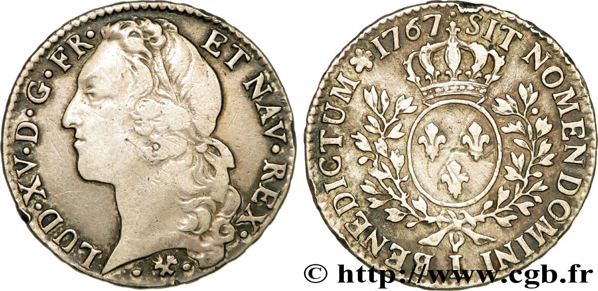 LOUIS XV THE BELOVED Demi-écu aux branches d’olivier, tête ceinte d’un bandeau 1767 Bayonne VF/XF