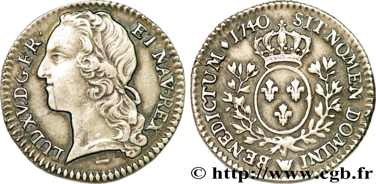 LOUIS XV  THE WELL-BELOVED  Dixième d écu aux branches d’olivier, tête ceinte d’un bandeau 1740 Lille AU/AU