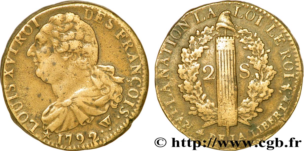 LOUIS XVI 2 sols dit  au faisceau , type FRANÇOIS 1792 Arras AU/XF