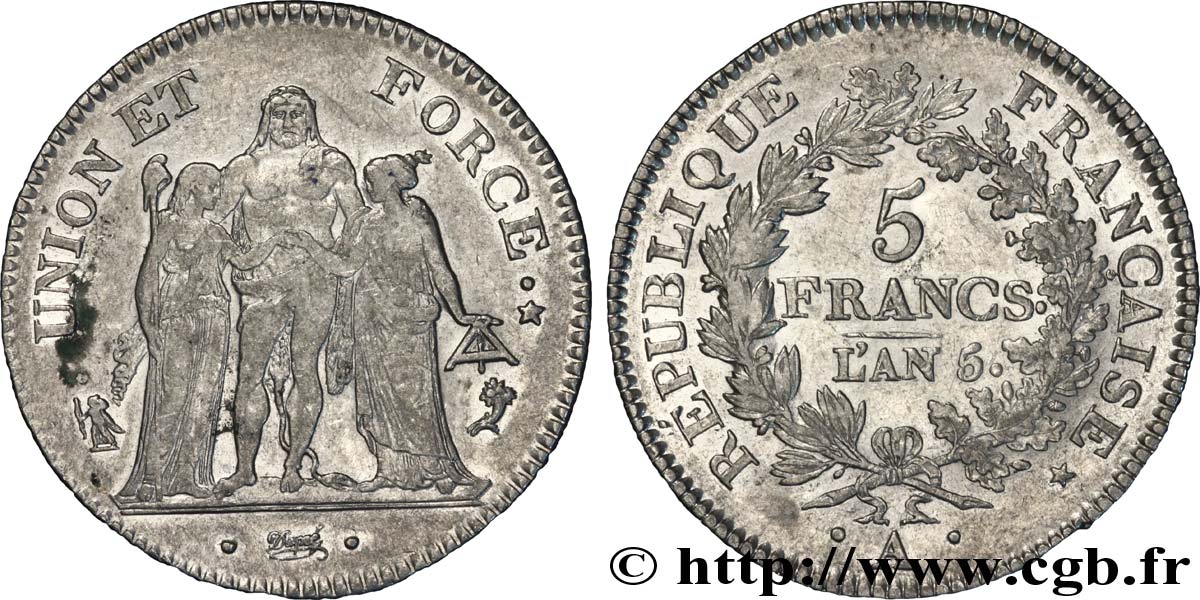 5 francs Union et Force, Union serré, avec glands intérieurs et gland extérieur 1797 Paris F.288/3 TTB 