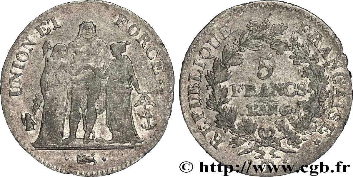 5 francs Union et Force, Union serré, avec glands intérieurs et gland extérieur 1798 Nantes/Paris F.288/89 MB 