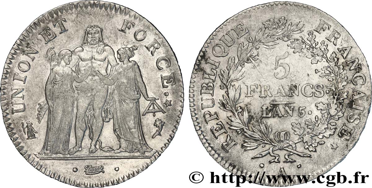 5 francs Union et Force, Union desserré, avec glands intérieurs et gland extérieur 1797 Paris F.291/3 SS 