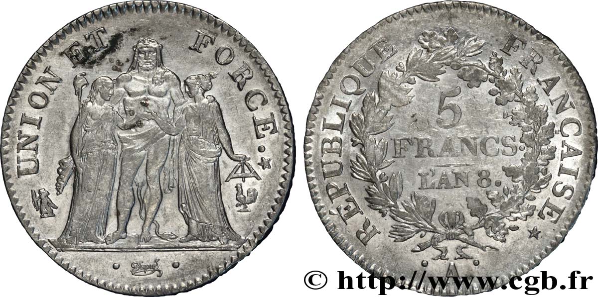 5 francs Union et Force, Union desserré, avec glands intérieurs et gland extérieur 1800 Paris F.291/30 TTB 