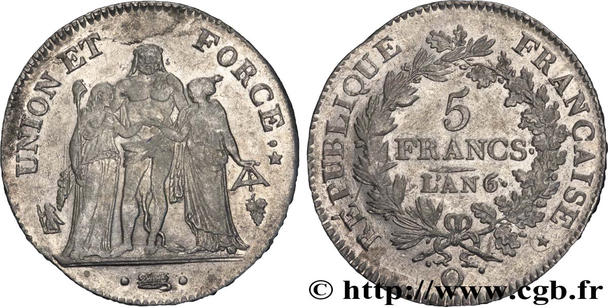 5 francs Union et Force, Union serré, seulement gland extérieur 1798 Perpignan F.288/82 SS 