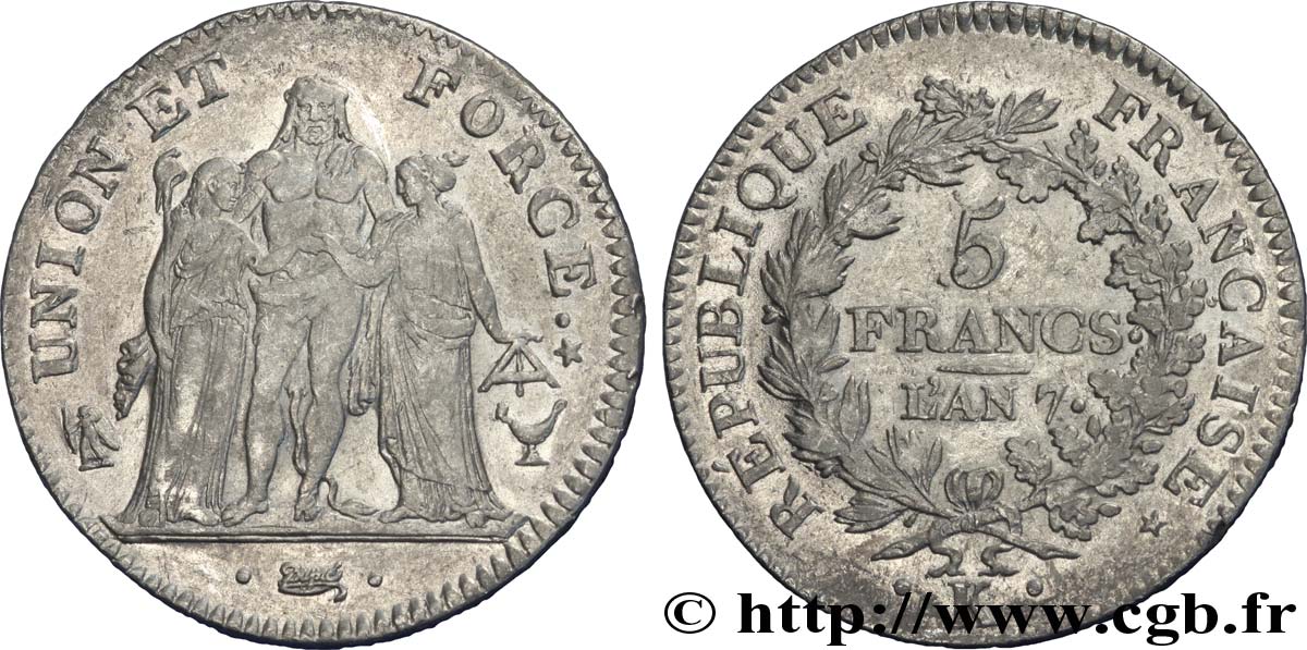 5 francs Union et Force, Union desserré, seulement gland extérieur, petite feuille 1799 Bordeaux F.291/25 MBC 